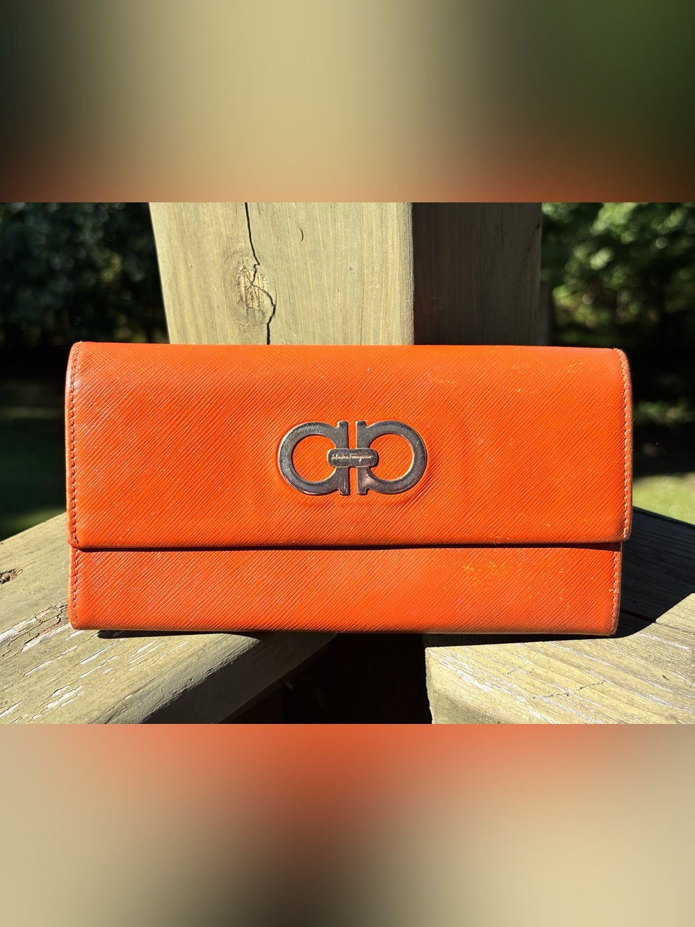 Salvatore Ferragamo Orange Saffiano Gancini Wallet